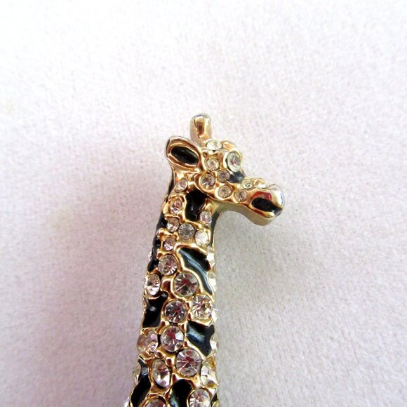 Vintage clear rhinestone & black enamel giraffe brooch - gold tone setting - Picture 4 of 7